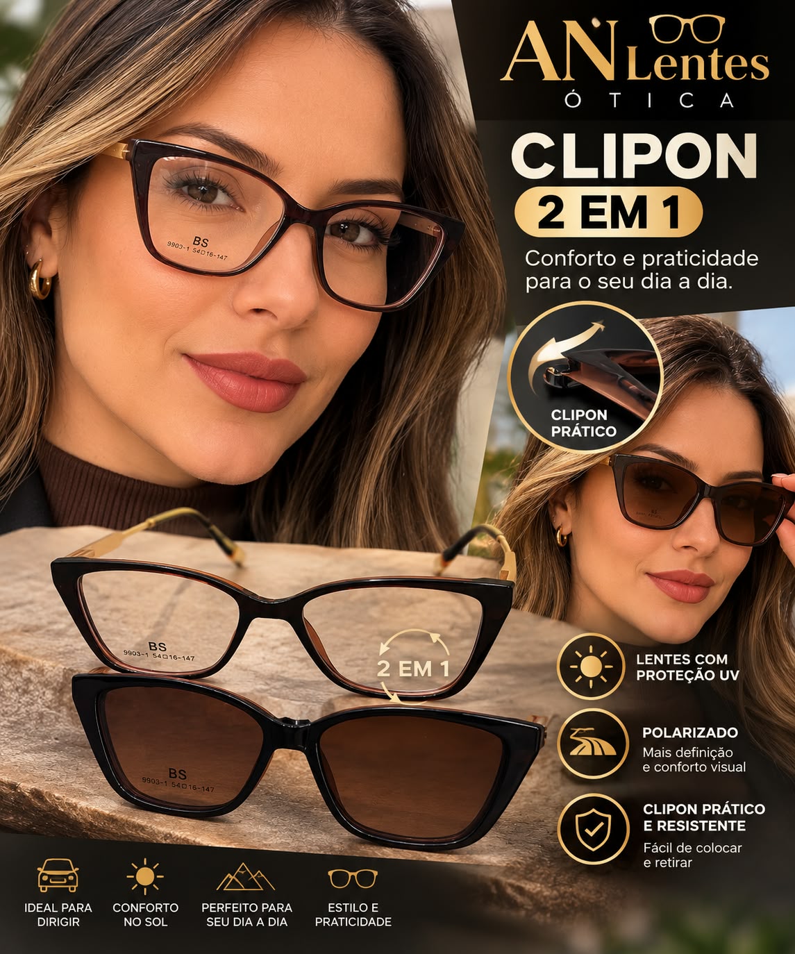 Armação clip-on com lentes solares